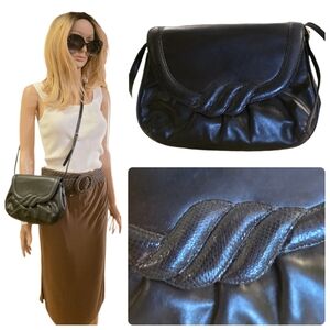 Vintage Bally Black Leather Shoulder Bag, Snakeskin Trim EUC